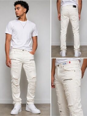 GS-115 Premium Denim Size 32 White Distressed Moto Jeans Slim Taper Stretch